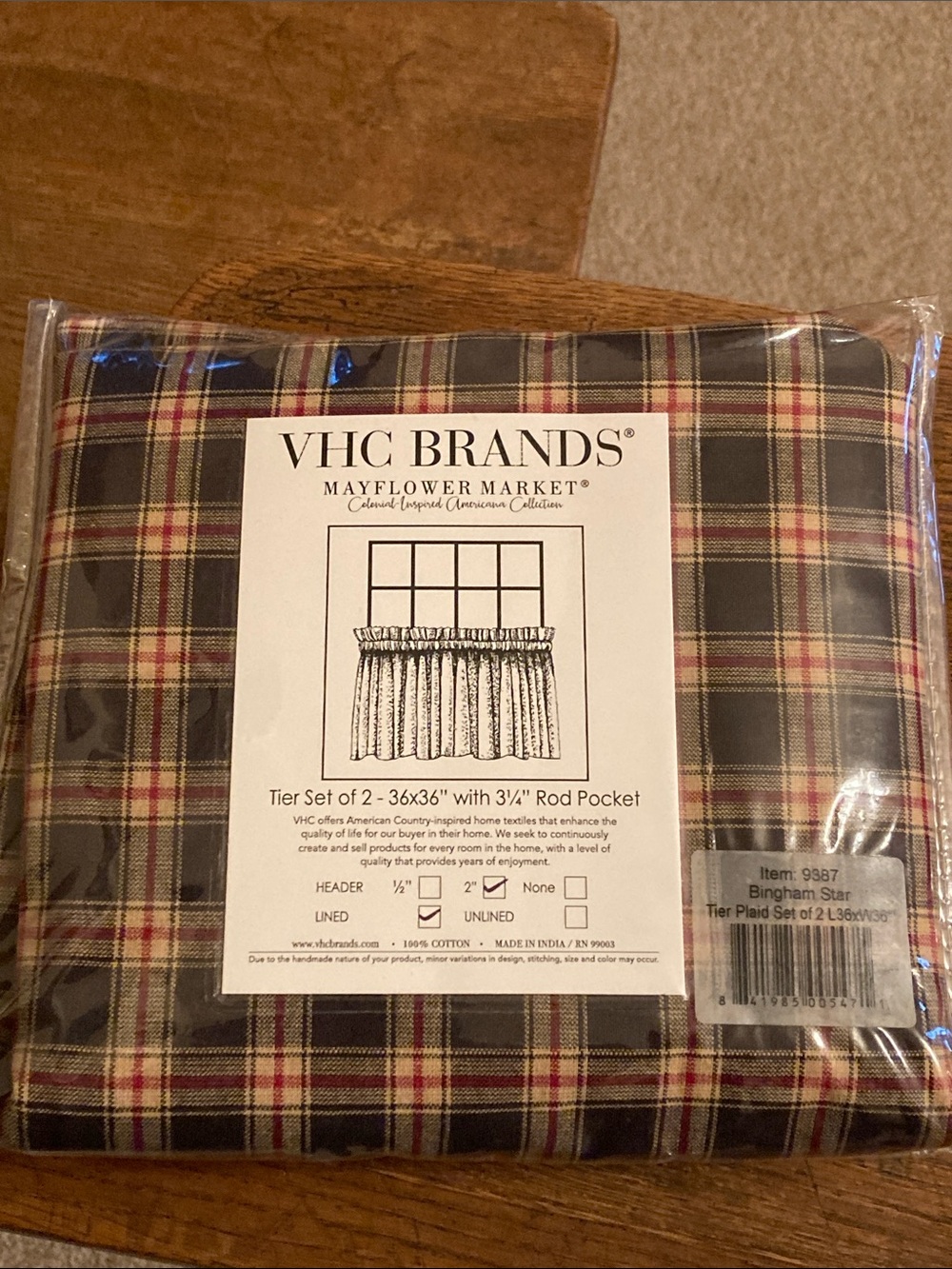 VHC BRANDS "Bingham Star" Plaid Lined Tier Curtains 36" Set of 2 NIP